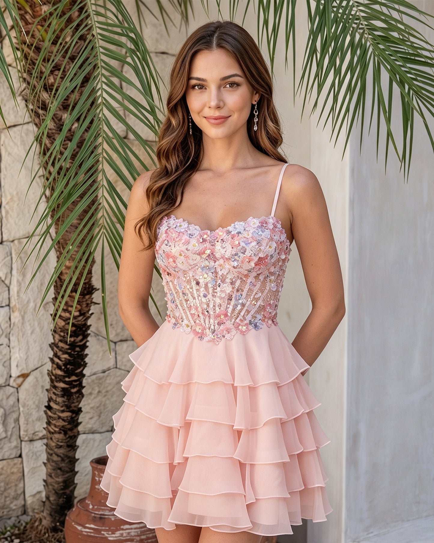 Spaghetti Strap Floral Embroidered Corset Ruffle Mini Homecoming Dress