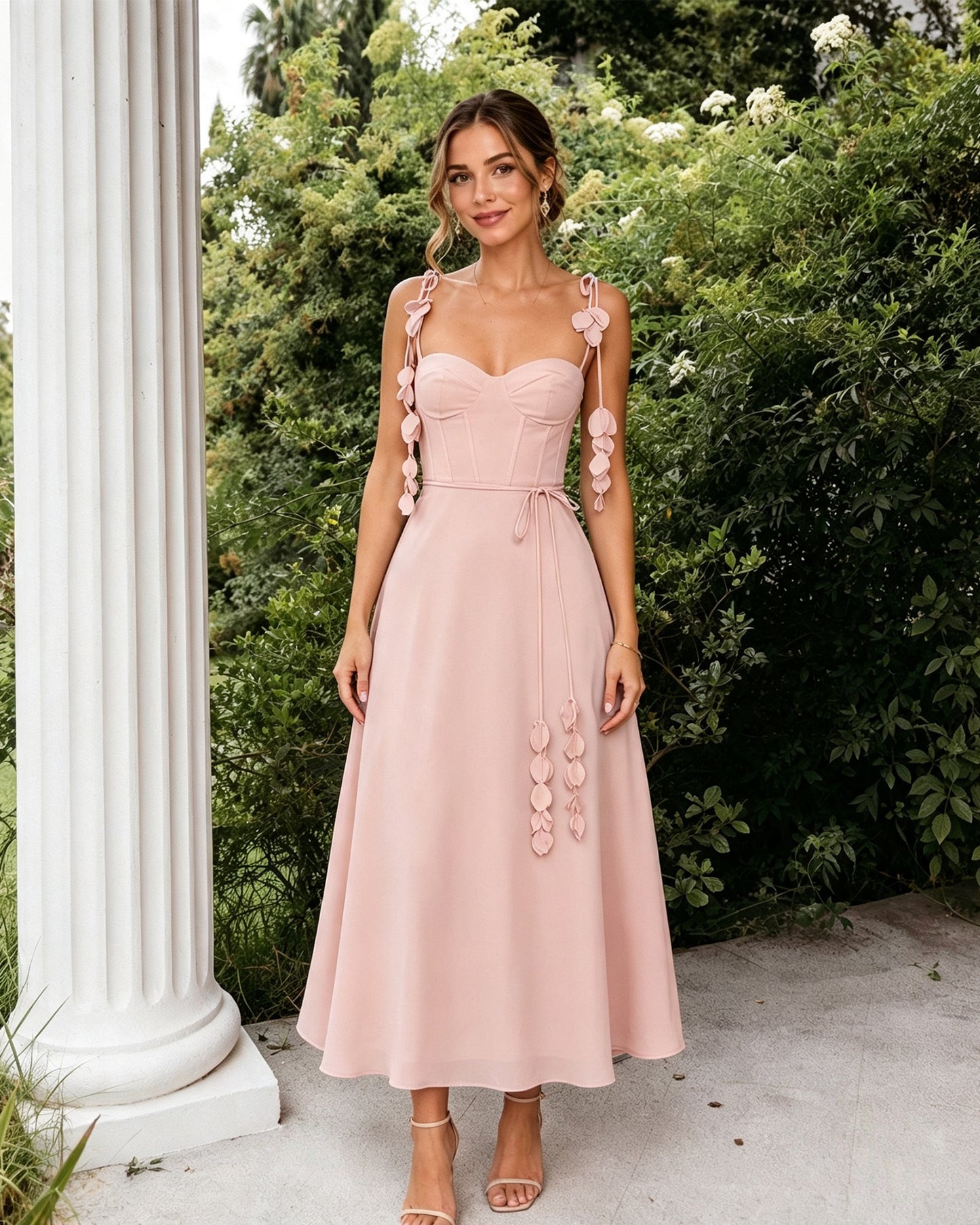 Sweetheart Floral Strap A-Line Midi Bridesmaid Dress with Corset Bodice