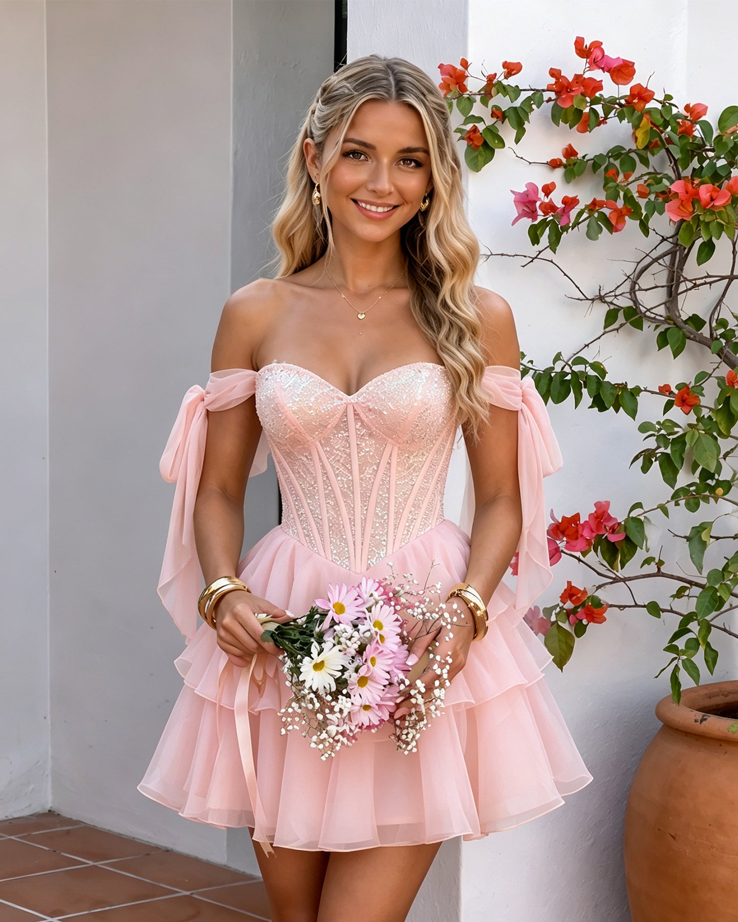 Off-Shoulder Lace Corset Tiered Tulle Homecoming Dress