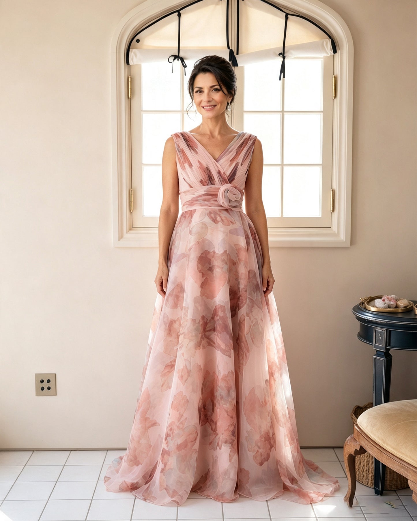 Floral Print V-Neck Chiffon Mother of the Bride Dress with Rosette Sash