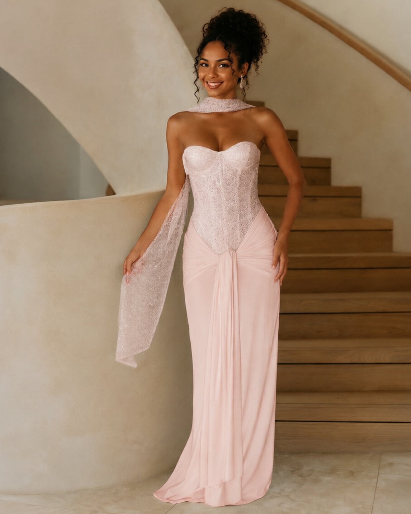 Strapless Sequin Corset Jersey Prom Dress with Draped Scarf Detail