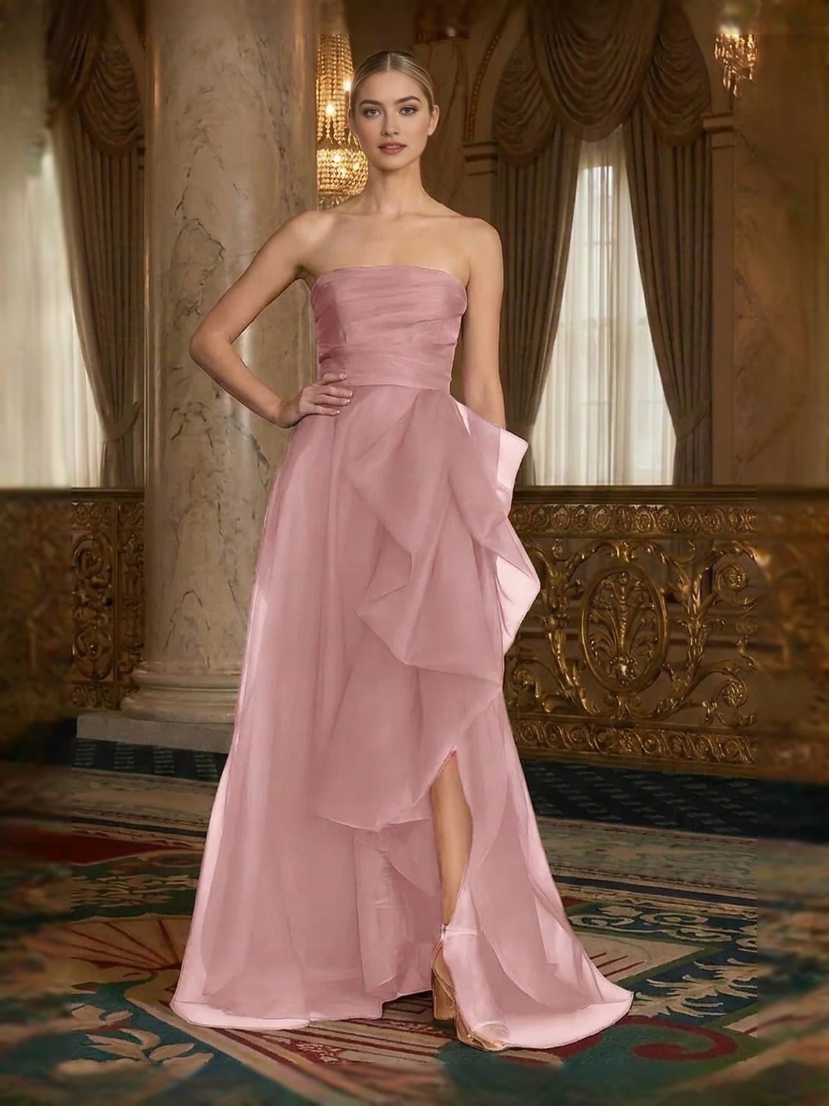Back-Slit Layered Ruffled Slit Strapless A-Line Floor-Length Organza Prom Dress for Evening Ceremony