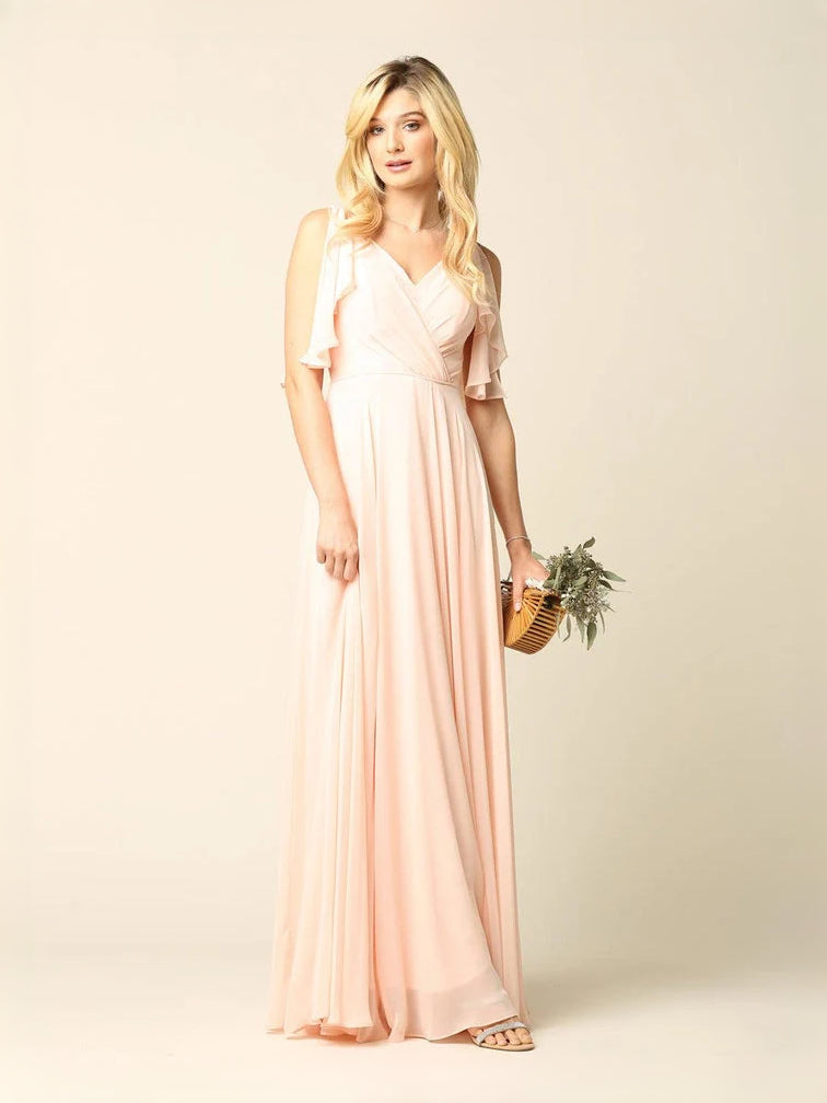 Ruffled V Neck A-Line Maxi Chiffon Bridesmaid Dress for Wedding Reception