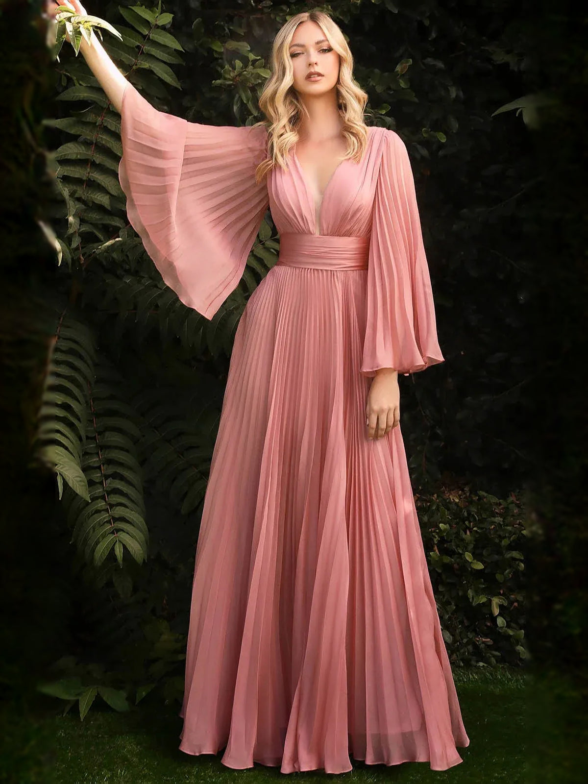 V-Neck Flutter-Sleeve Pleated Chiffon A-Line Formal Dress