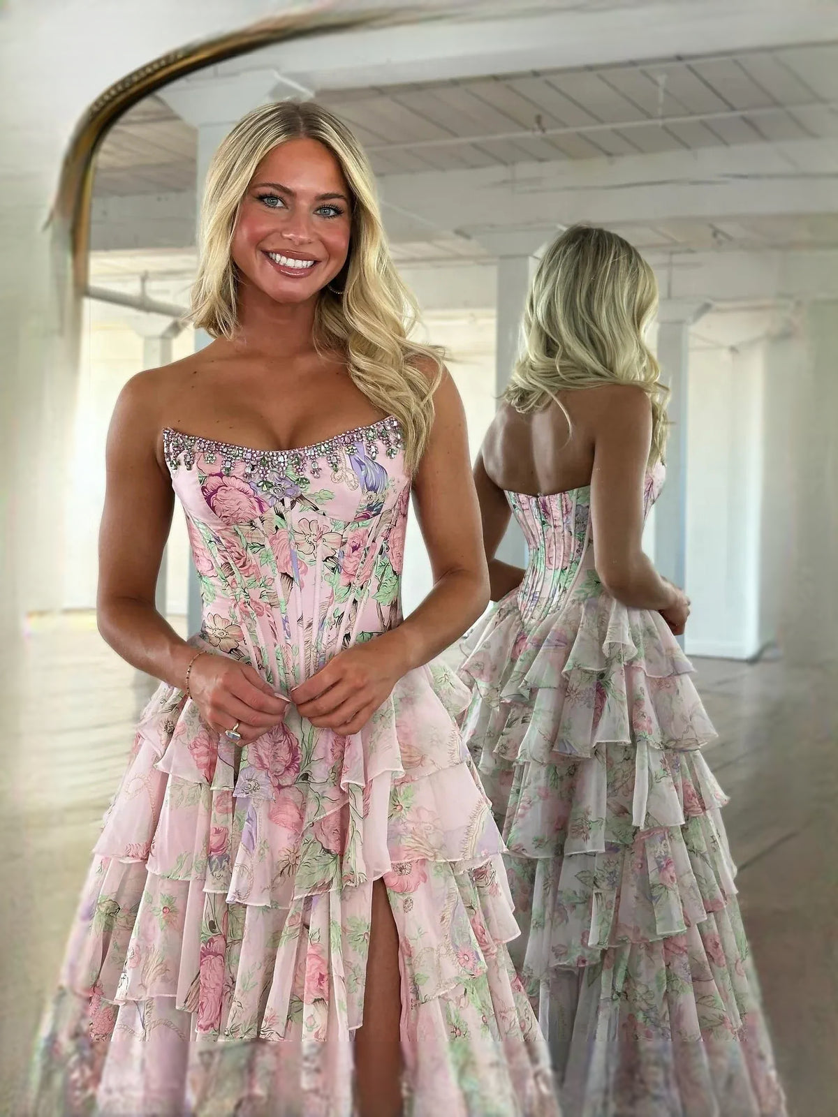 Corset Front-Slit Floral Slit Sweetheart A-Line Floor-Length Chiffon Prom Dress for Celebration Dinner