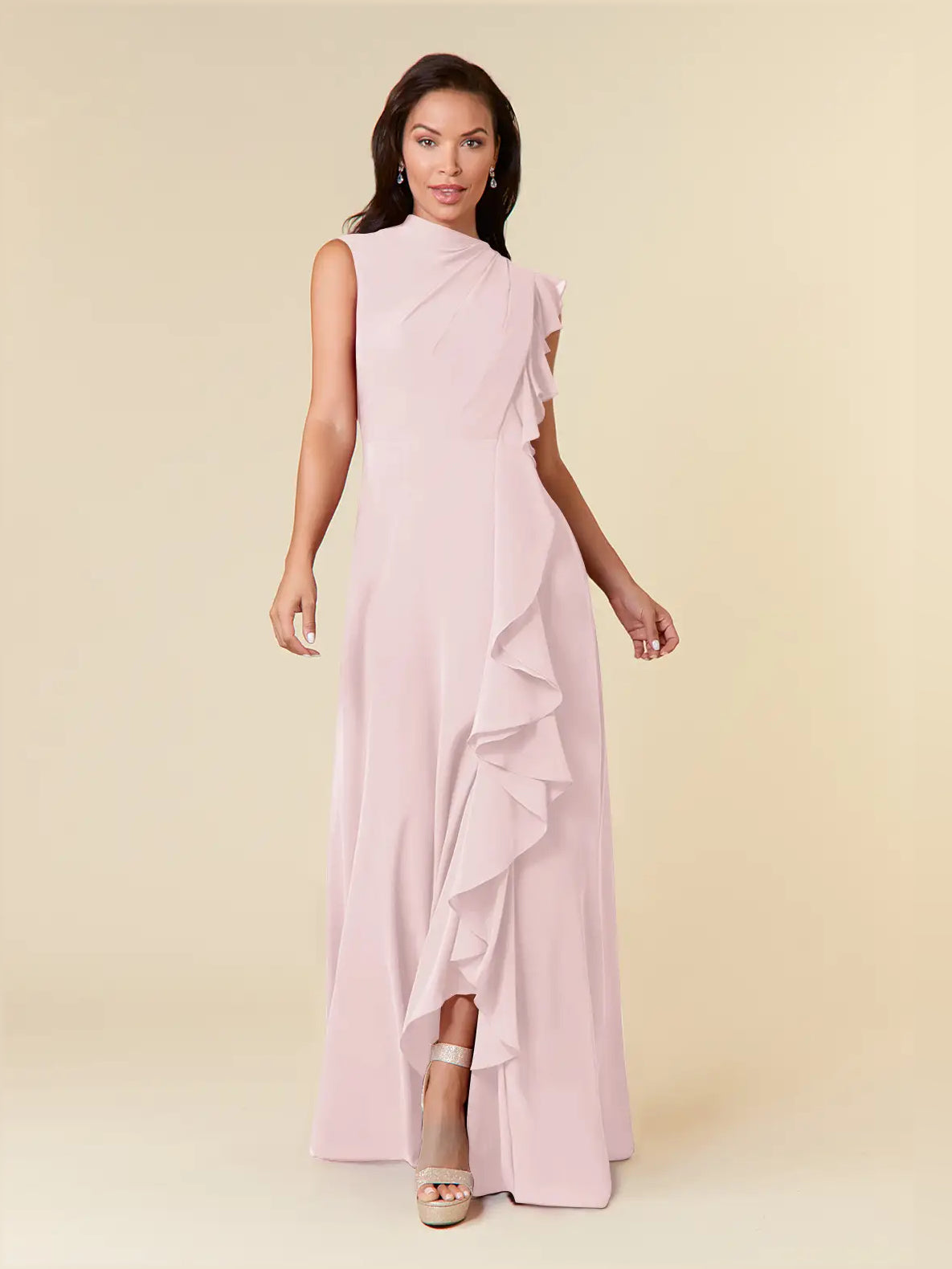Draped Ruffled High Neck A-Line Maxi Chiffon Bridesmaid Dress for Church Wedding