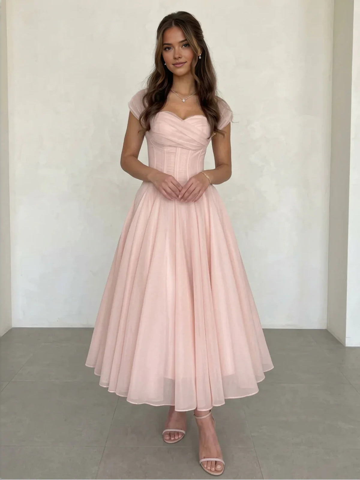 Pleated Corset Sweetheart A-Line Tea-Length Chiffon Wedding Dress for Seaside Wedding