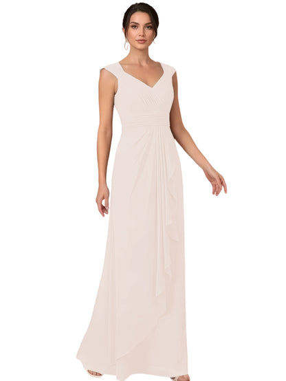 Mother of the Bride Dress Long Sleeveless V-Neck Chiffon Formal Gown with Ruffle Detail