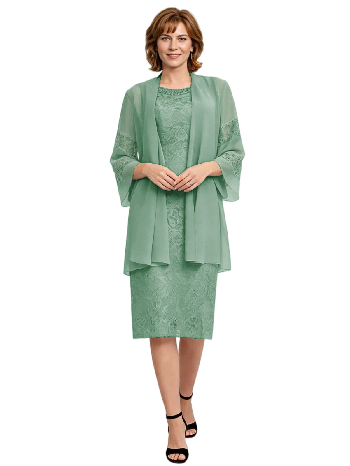 Mother of the Bride Dress with Jacket Knee Length Lace Formal Wedding Guest Outfit