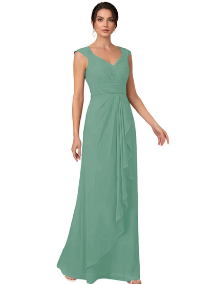 Mother of the Bride Dress Long Sleeveless V-Neck Chiffon Formal Gown with Ruffle Detail