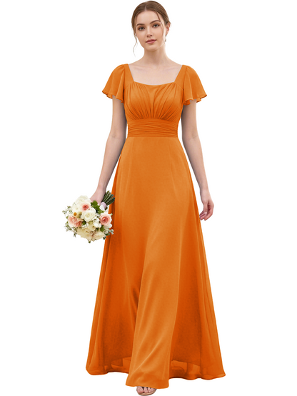Square Neck Chiffon Bridesmaid Dress with Flutter Sleeves and Lace-Up Back