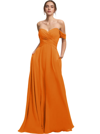 Off Shoulder Chiffon Bridesmaid Dress with Draped Bodice and A-Line Dress