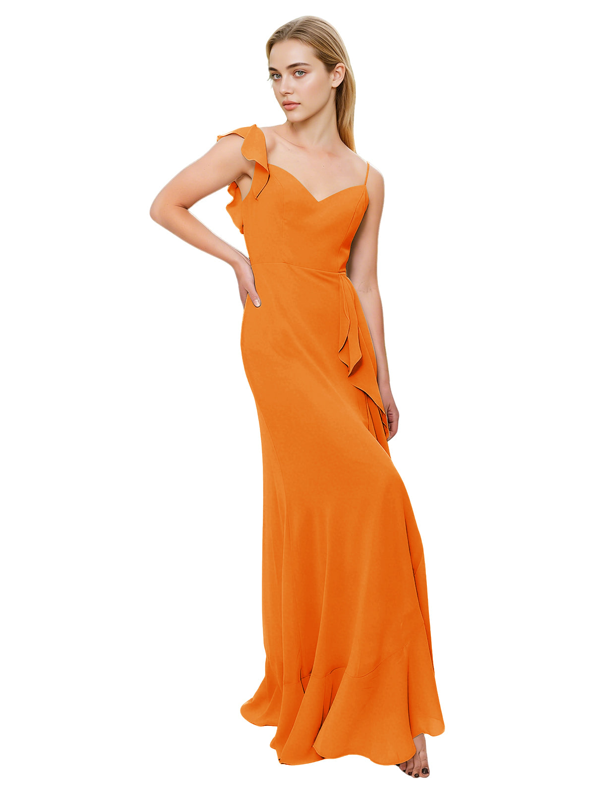 V-Neck Ruffle Strap Bridesmaid Dress with Cascading Chiffon Dress