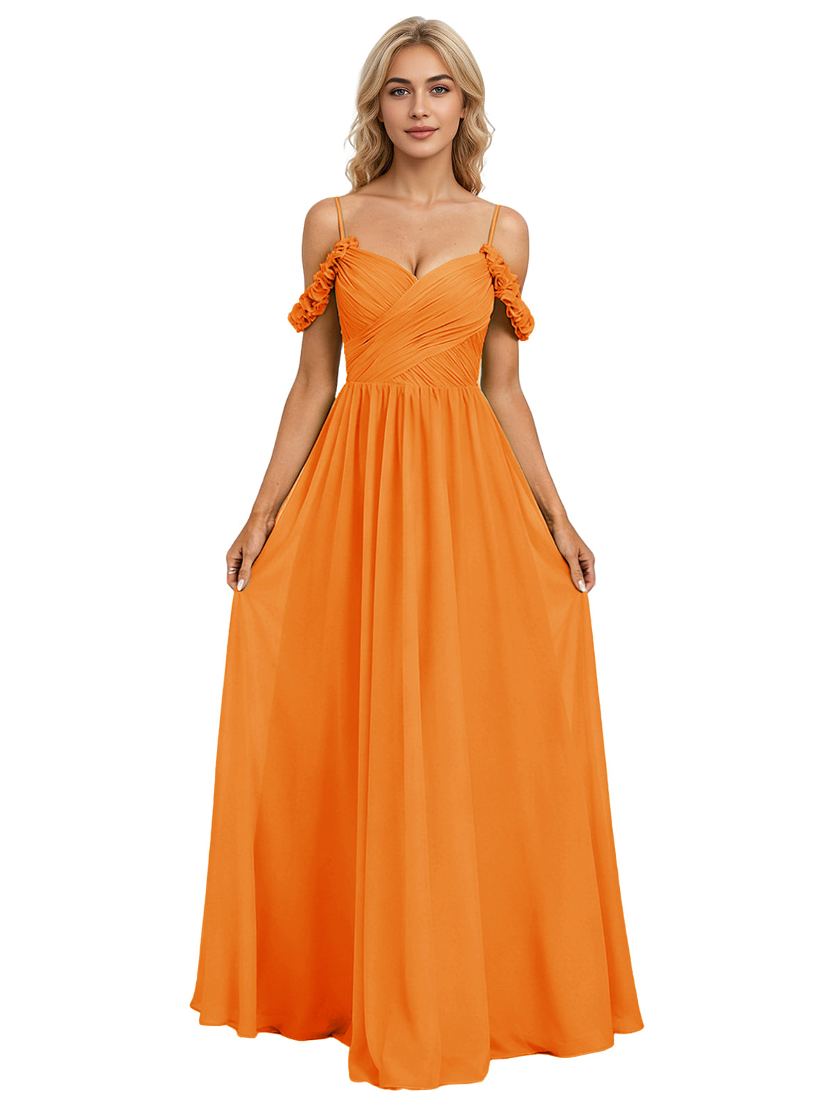 Off Shoulder Lace Applique Bridesmaid Dress with Flowing Chiffon dress