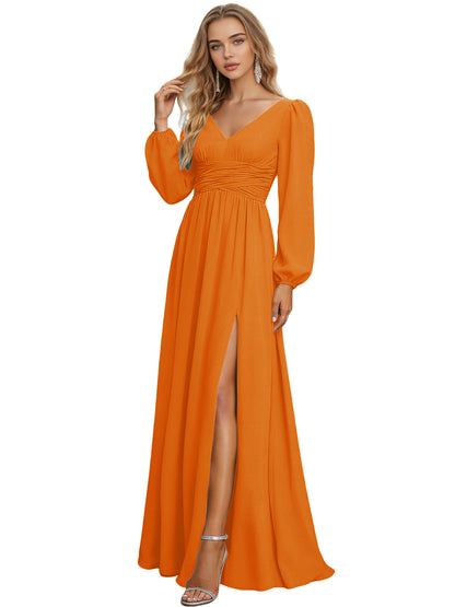 Long Sleeve V-Neck Chiffon Bridesmaid Dress with Front Slit