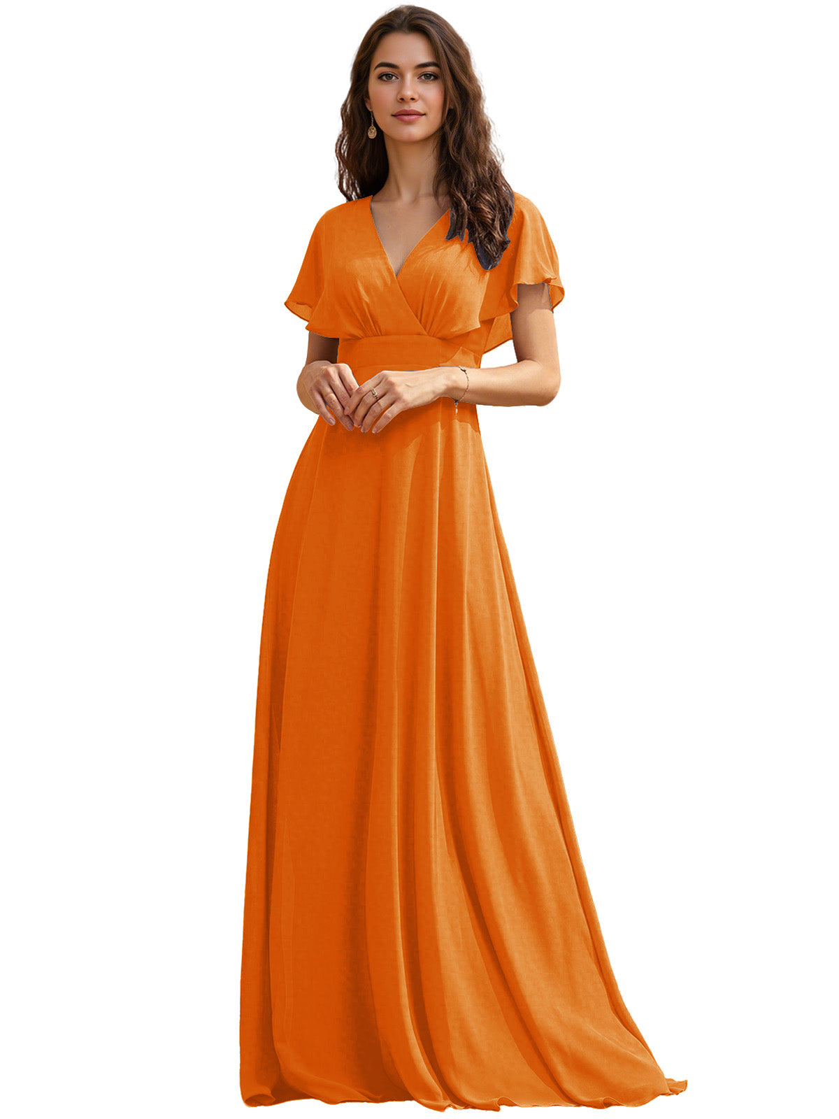 Flutter Sleeve V-Neck Chiffon Bridesmaid Dress with Flowing dress