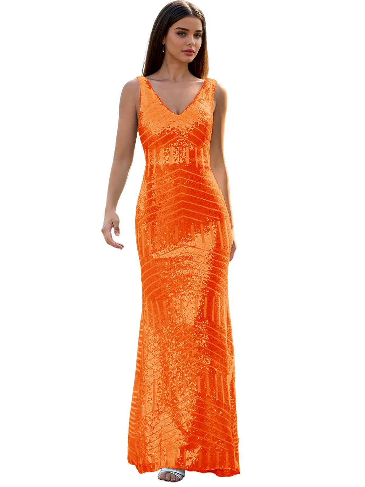 V-Neck Sequin Column Prom Dress with Beaded Waist and Low Back