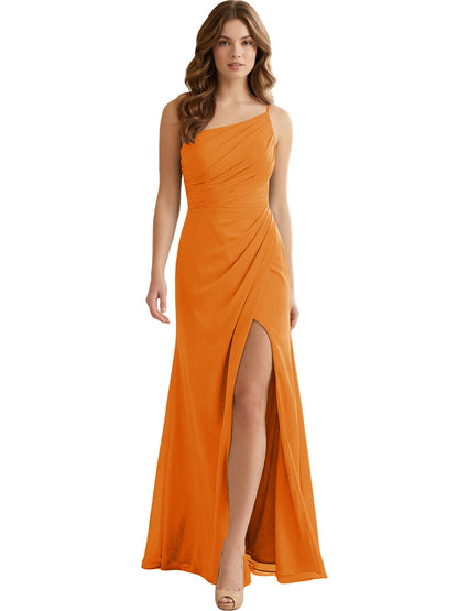 One Shoulder Ruched Chiffon Bridesmaid Dress with Front Slit