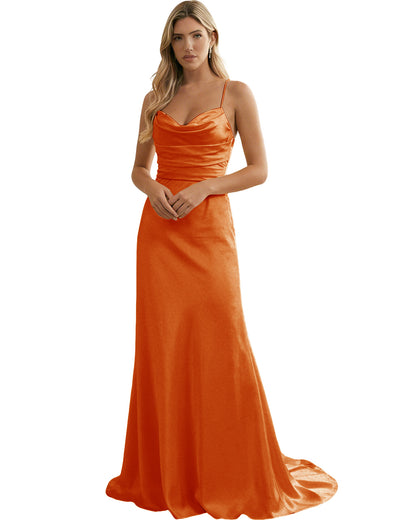 Spaghetti Straps Ruched Satin Floor Length Bridesmaid Dress