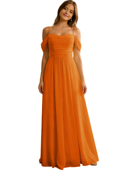 Off Shoulder Chiffon Bridesmaid Dress with Soft Pleated Bodice
