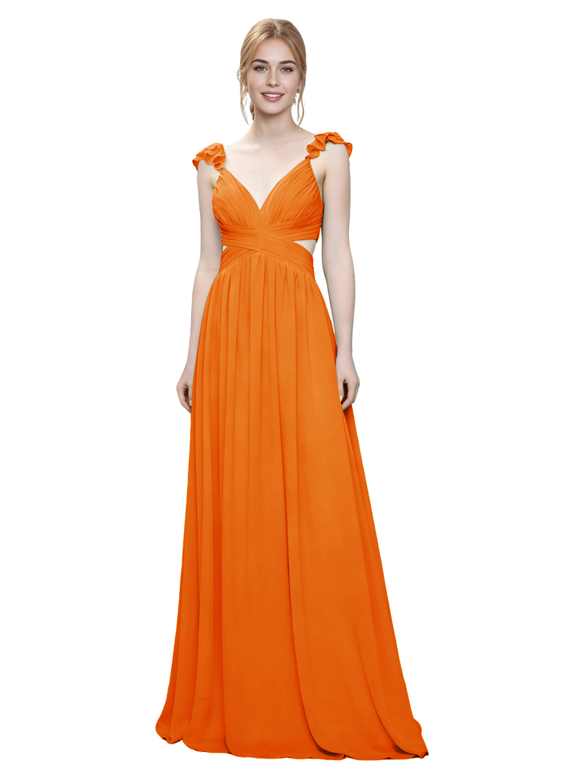 Ruffle Strap V-Neck Tulle Bridesmaid Dress with Pleated Waist