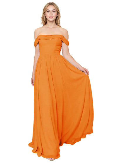 Off Shoulder Pleated Chiffon Bridesmaid Dress with Flowing A-Line Dress