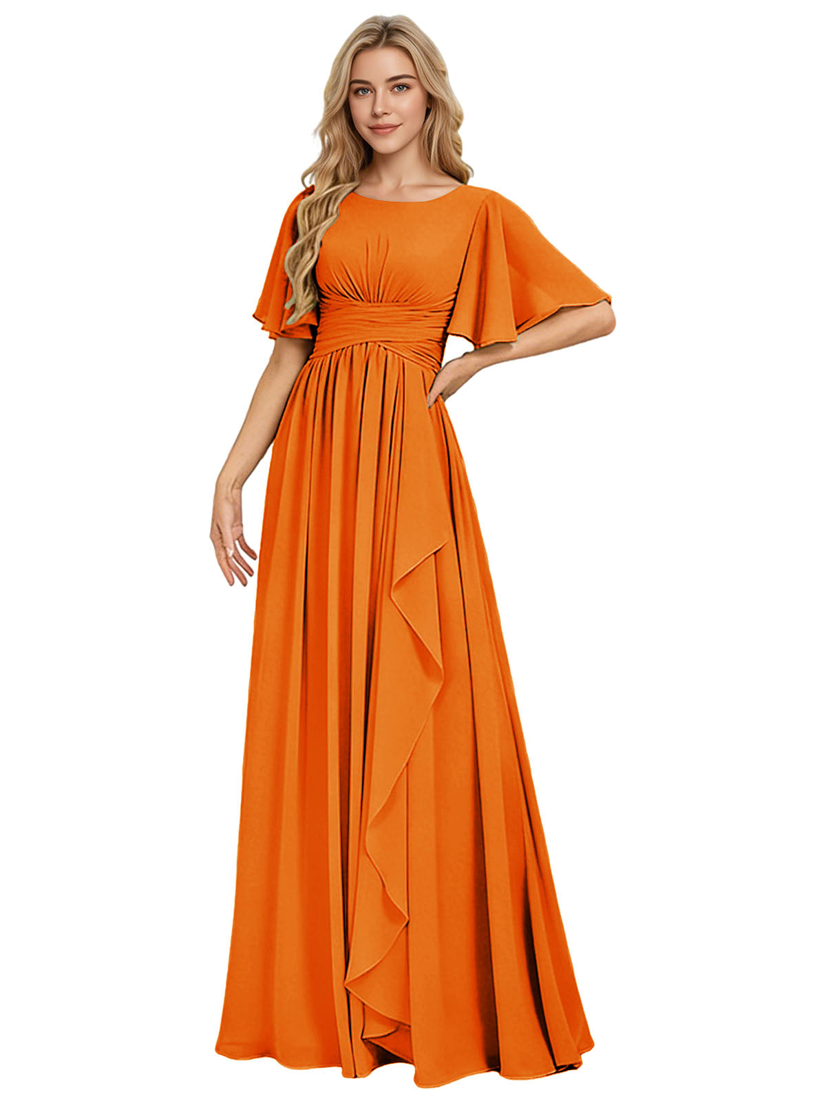 Flutter Sleeve Chiffon Bridesmaid Dress with Tiered Front Ruffle