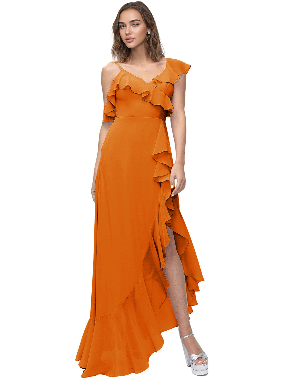 Asymmetrical Ruffle Chiffon Bridesmaid Dress with High Low Slit