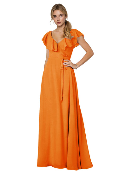 Tie Neck Chiffon Bridesmaid Dress with Flutter Sleeves