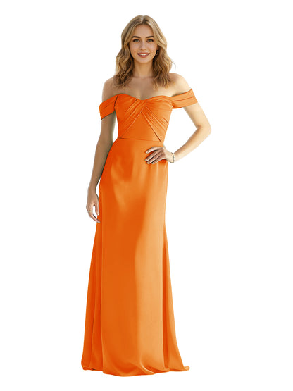 Sweetheart Off Shoulder Satin Bridesmaid Dress with Wrapped Bodice