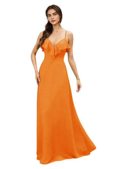 Ruffle V-Neck Chiffon Bridesmaid Dress with Spaghetti Straps