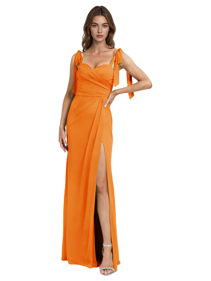 Tie Strap Chiffon Bridesmaid Dress with Square Neck and High Slit