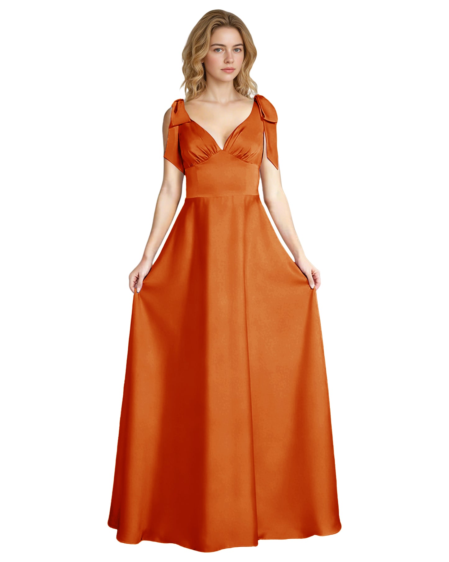 V-Neck Bow Strap Satin Bridesmaid Dress with Empire Waist