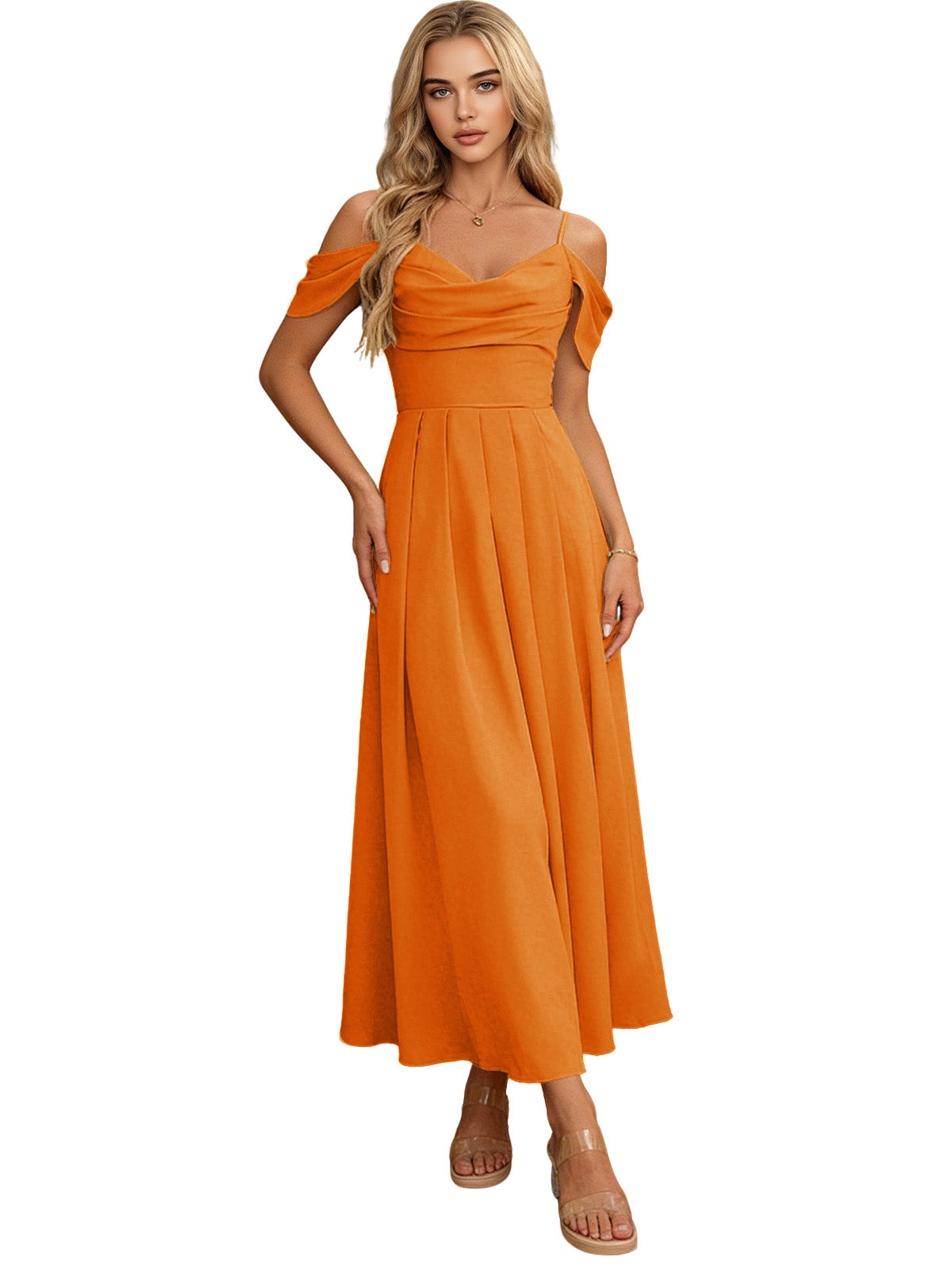 Off Shoulder Midi Bridesmaid Dress with Pleated Bodice and Flowing dress