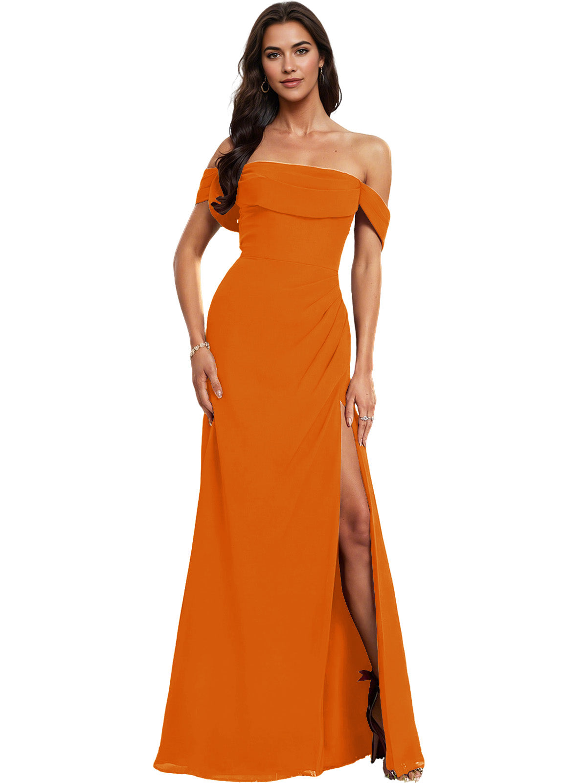 Off Shoulder Crepe Bridesmaid Dress with Foldover Neckline and Slit