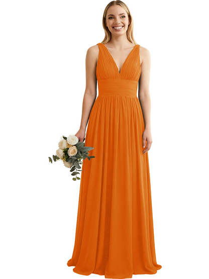Deep V-Neck Chiffon Bridesmaid Dress with Pleated Waist