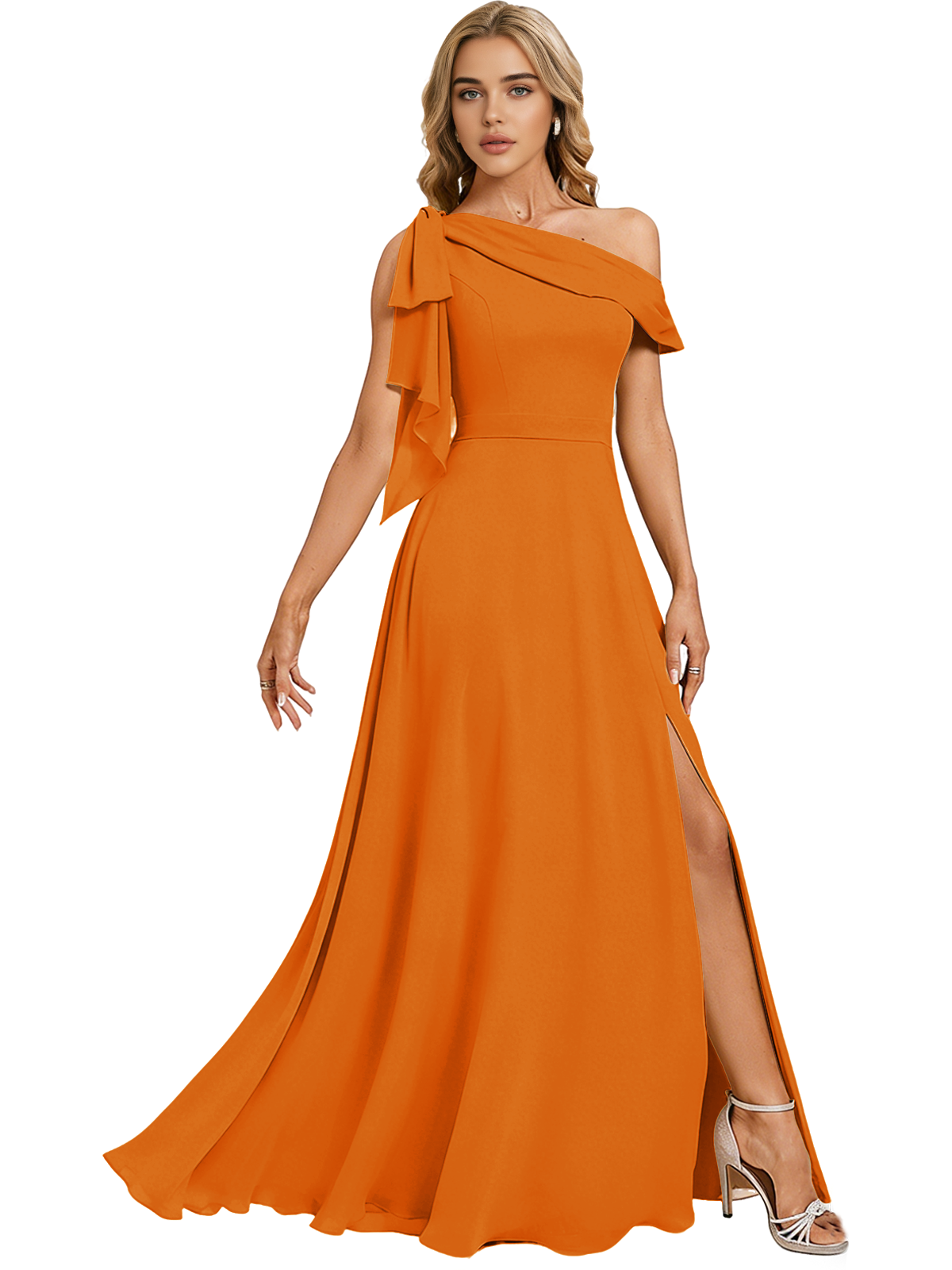 Asymmetric Off Shoulder Bridesmaid Dress with Draped Sleeve and Slit