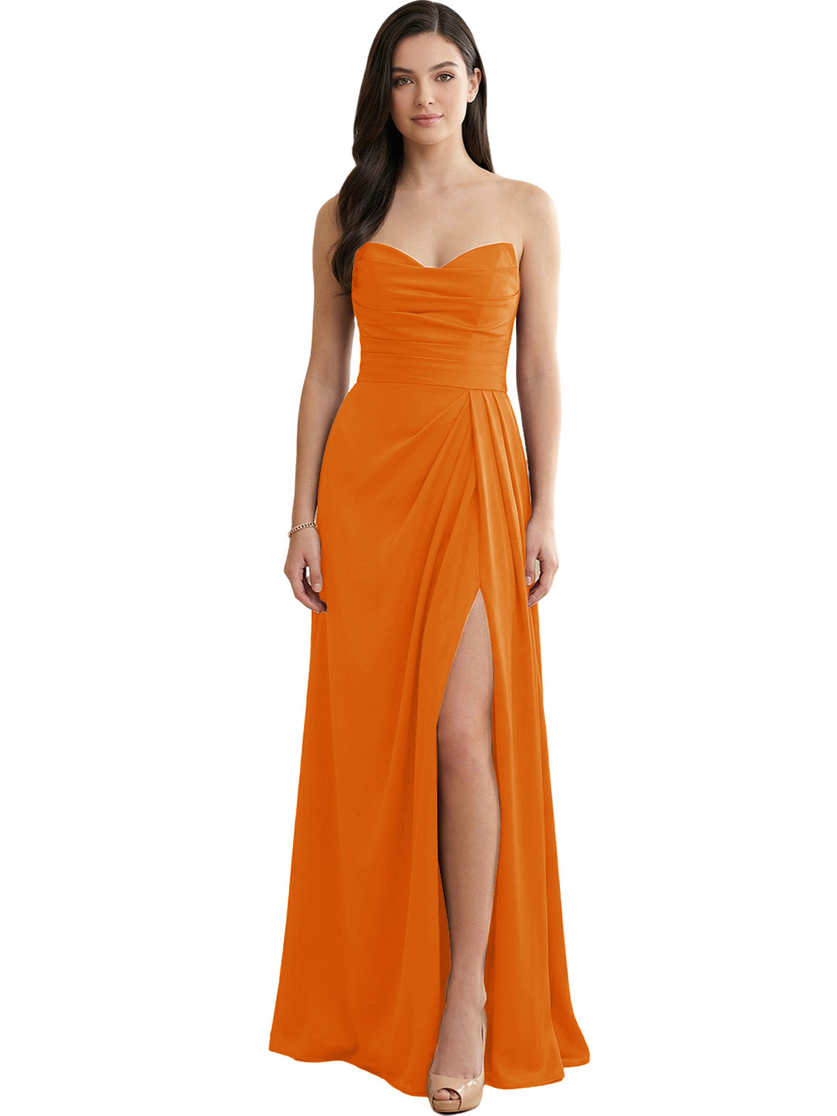 Strapless Pleated Satin Bridesmaid Dress with Side Slit