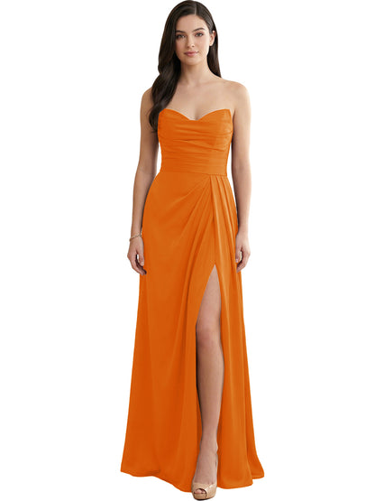 Strapless Pleated Satin Bridesmaid Dress with Side Slit