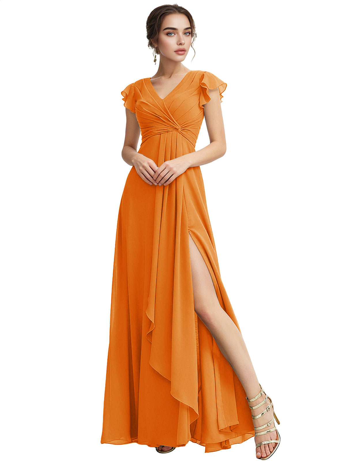 Cap Sleeve Chiffon Bridesmaid Dress with Ruffle V-Neck and Slit