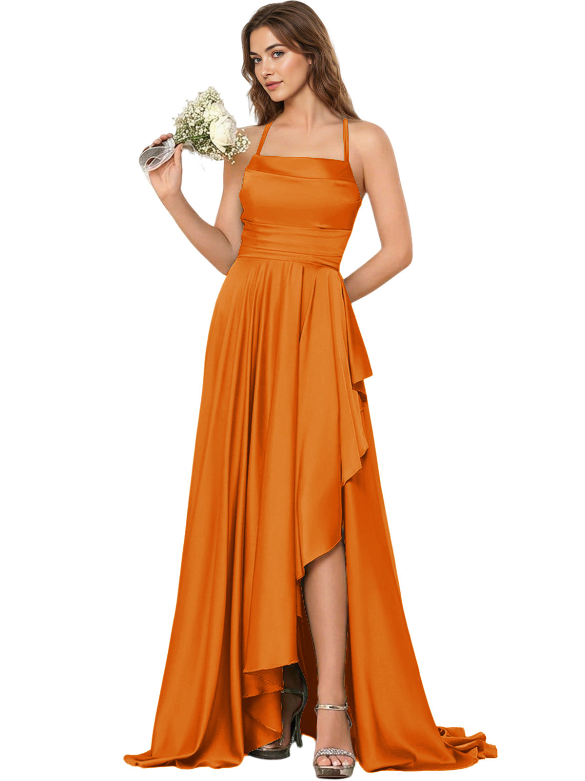 Open Back Halter Bridesmaid Dress with High Low Overlay dress