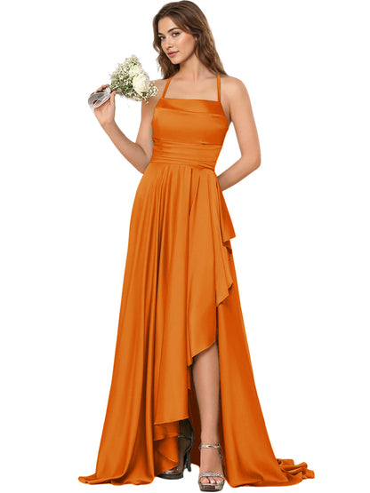 Open Back Halter Bridesmaid Dress with High Low Overlay dress