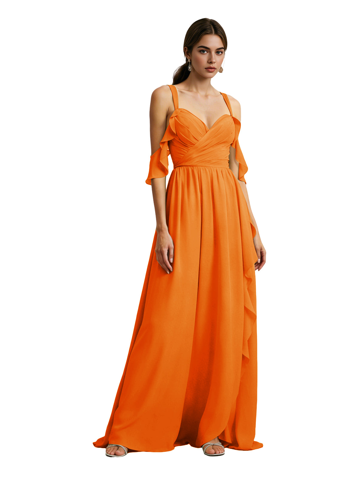 Cold Shoulder Chiffon Bridesmaid Dress with Draped V-Neck Bodice