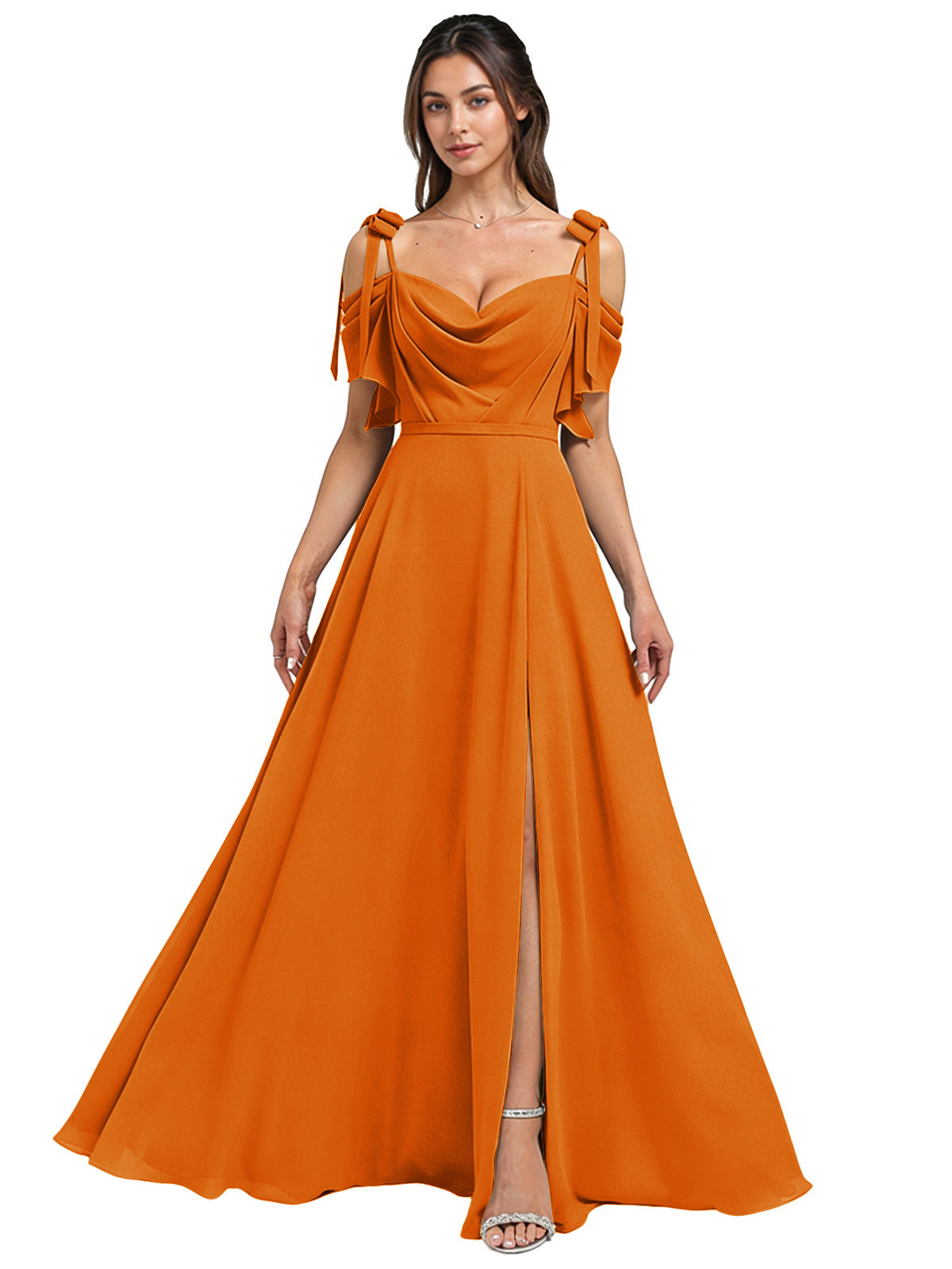 Cowl Neck Cold Shoulder Bridesmaid Dress with High Slit Chiffon Dress