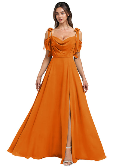 Cowl Neck Cold Shoulder Bridesmaid Dress with High Slit Chiffon Dress