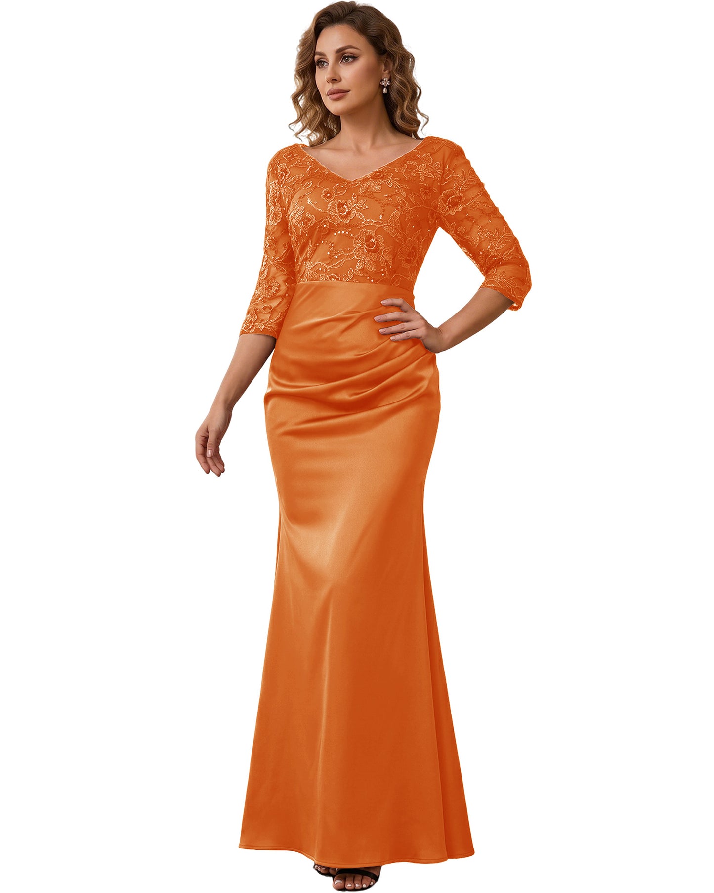 Mother of the Bride Dress Long Lace Mermaid Formal Gown with 3/4 Sleeves