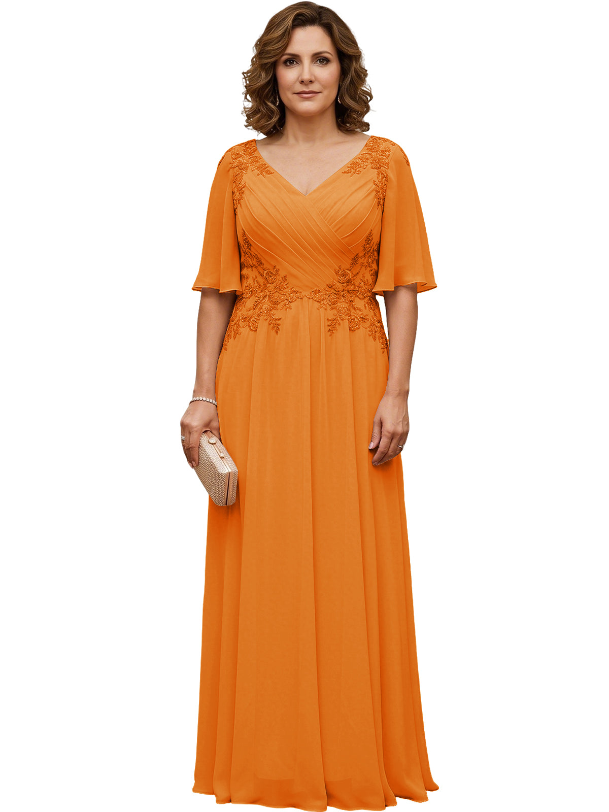 Mother of the Bride Dress Long Chiffon A-Line Gown with Flutter Sleeves and Beaded Lace