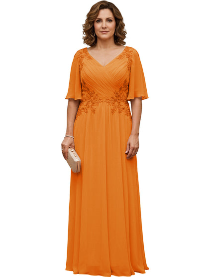 Mother of the Bride Dress Long Chiffon A-Line Gown with Flutter Sleeves and Beaded Lace