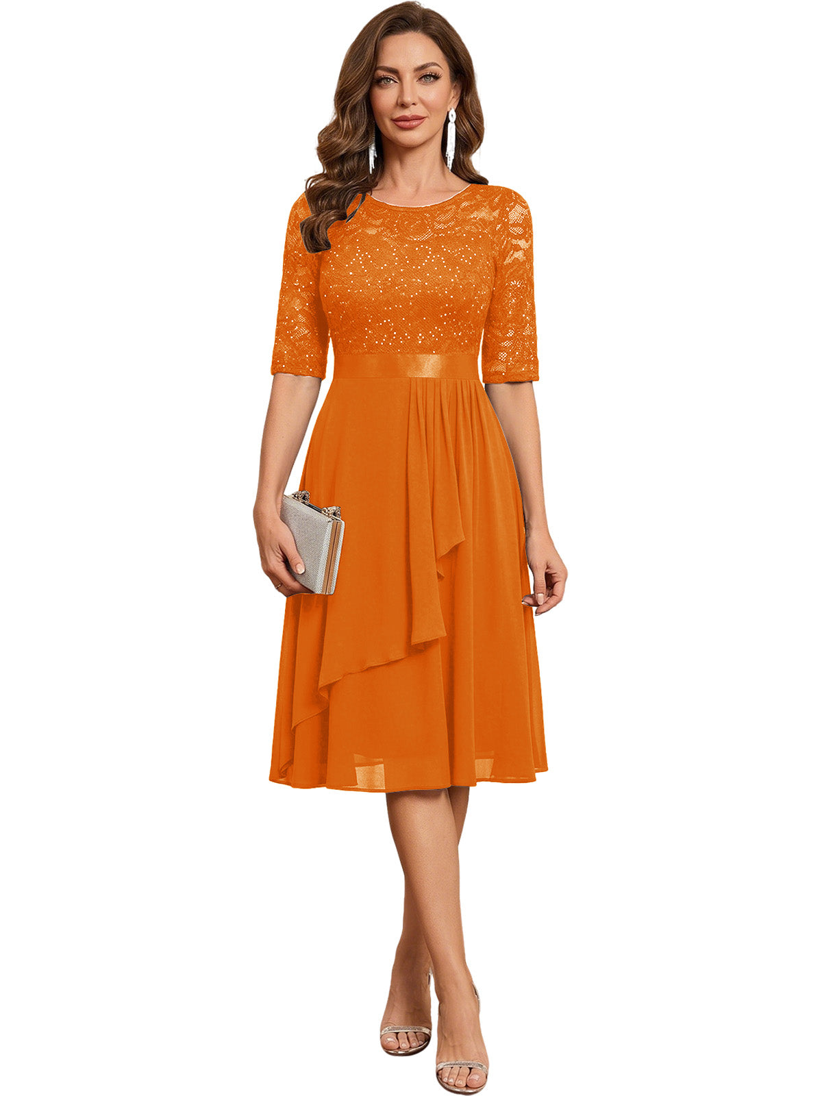 Knee Length Mother of the Bride Dress Sequined Lace Bodice Chiffon Skirt Formal Guest Outfit