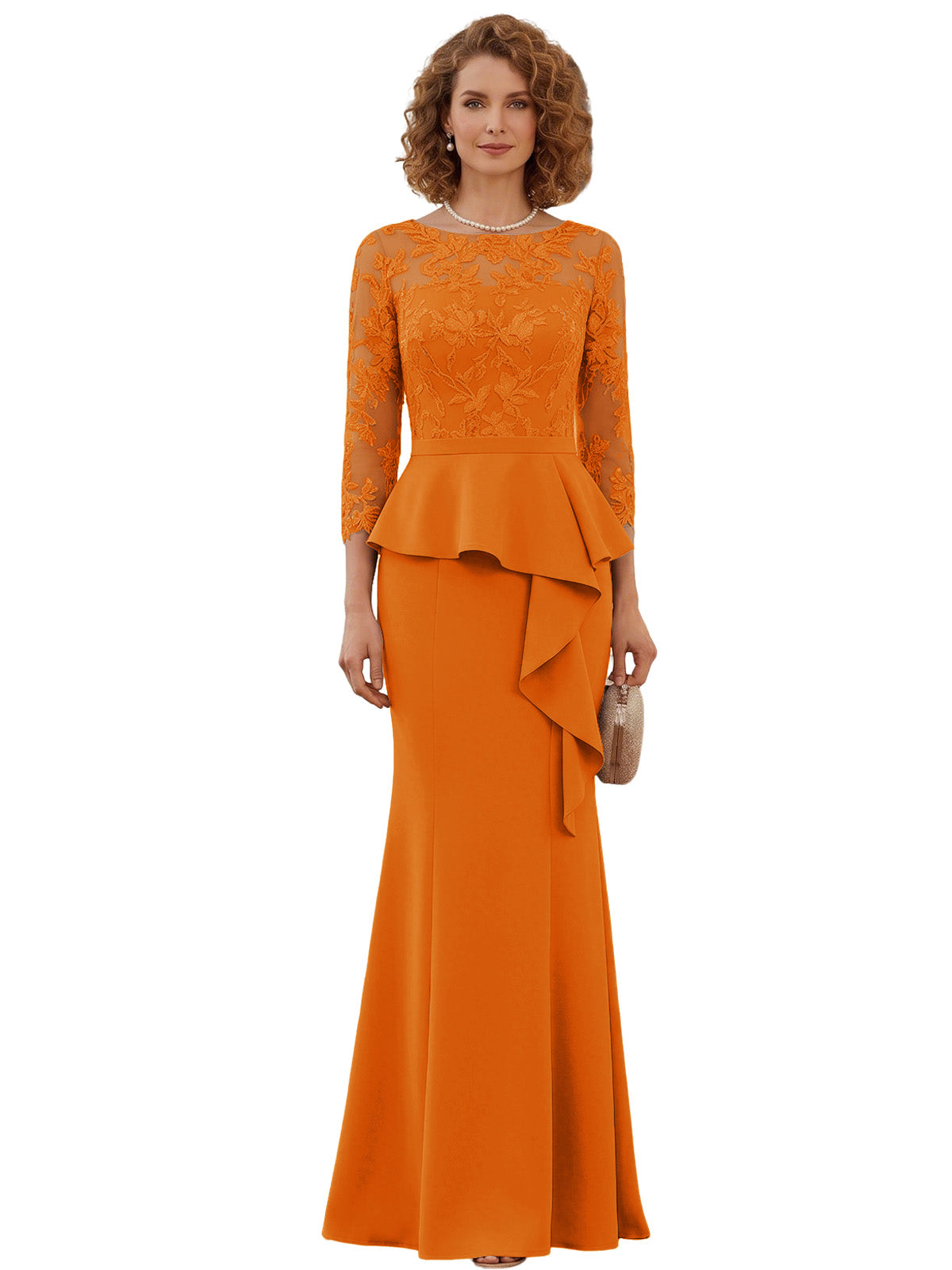 Long Mother of the Bride Dress Lace Illusion Bodice Peplum Mermaid Formal Evening Gown